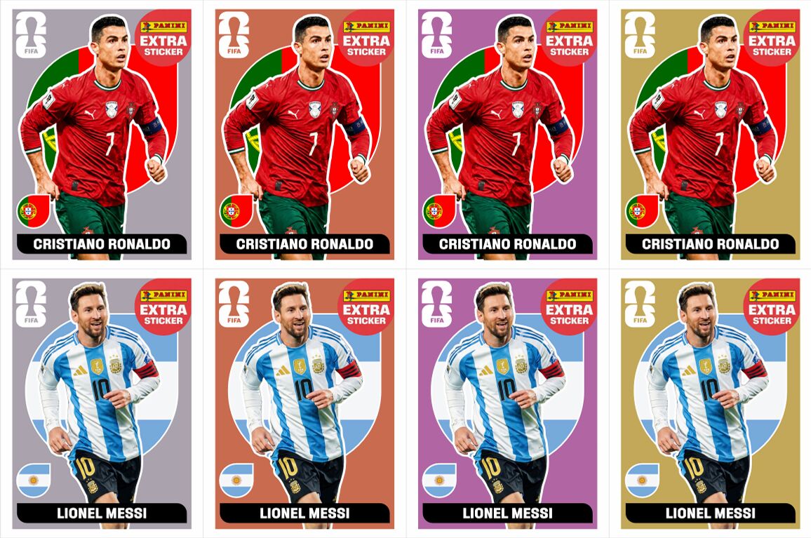 Cromas exclusivas Cristiano Ronaldo e Lionel Messi em variantes coloridas